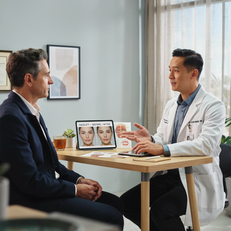 a doctor speaking to a patient about facial aesthetics in an office