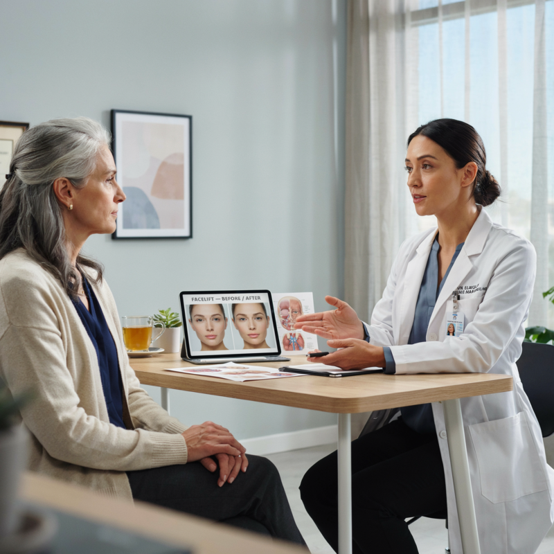 a doctor speaking to a patient about facial aesthetics in an office