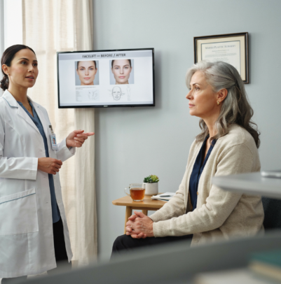 a doctor speaking to a patient about facial aesthetics in an office