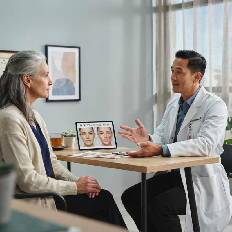 a doctor speaking to a patient about facial aesthetics in an office