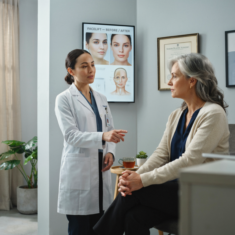 a doctor speaking to a patient about facial aesthetics in an office