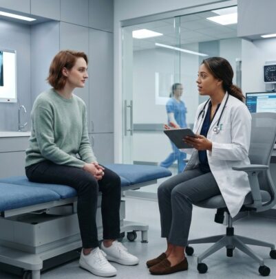 Doctor reviewing a patient's chart on a tablet during a consultation in a modern exam room