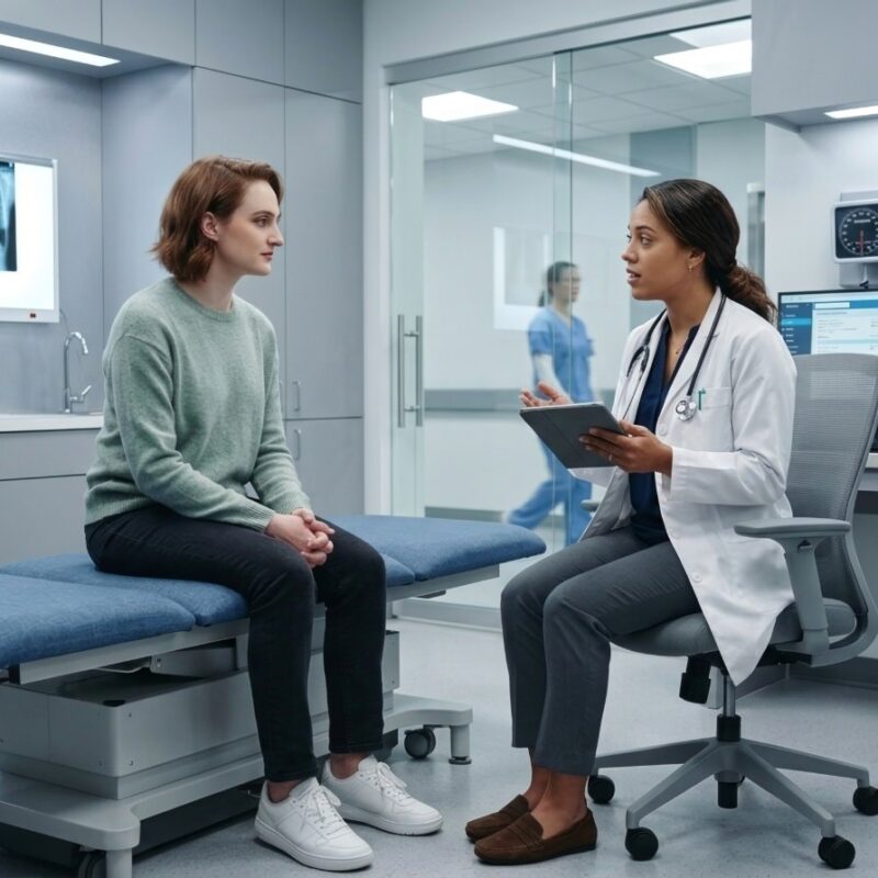 Doctor reviewing a patient's chart on a tablet during a consultation in a modern exam room