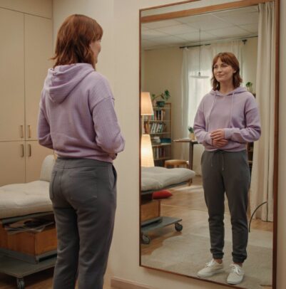 Woman smiling at her reflection in a mirror at home