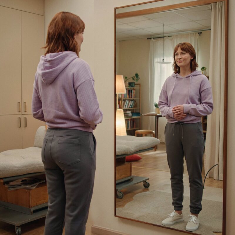 Woman smiling at her reflection in a mirror at home