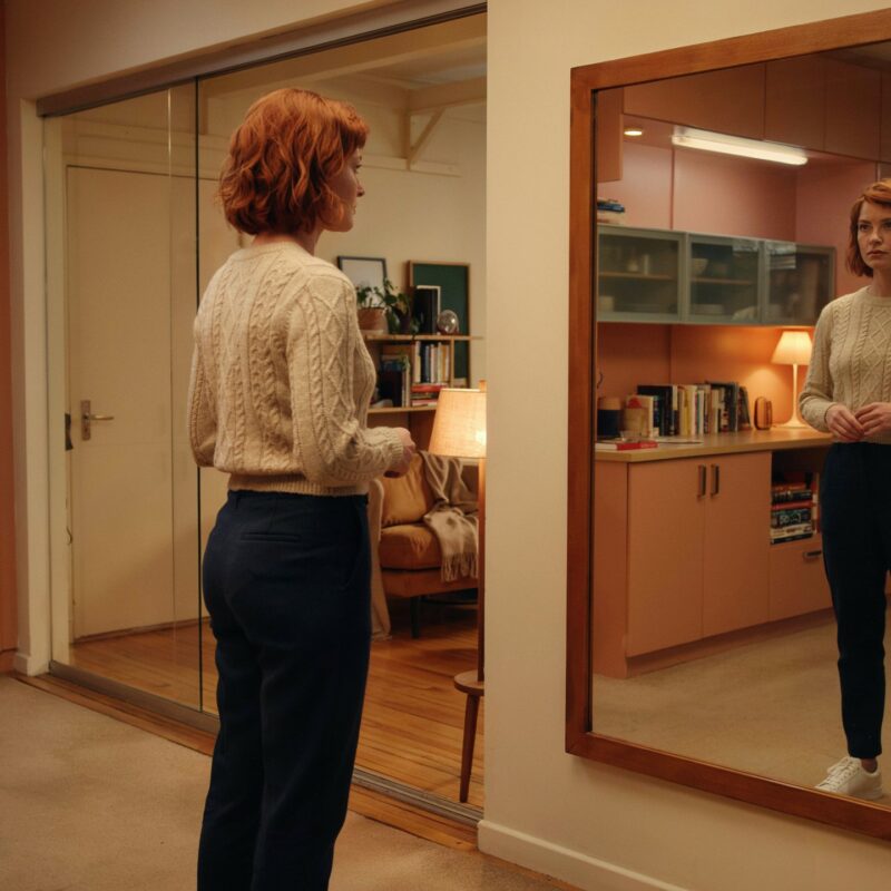 Woman looking at her reflection in a mirror at home