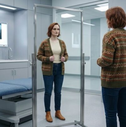 Patient looking at her reflection in a mirror during a clinic visit
