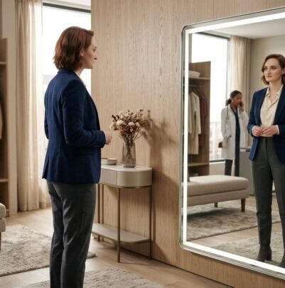 Woman looking at her reflection in a mirror while dressed in professional attire