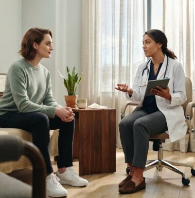 Patient and doctor talking during a consultation in a clinic exam room at Evolve Your Life